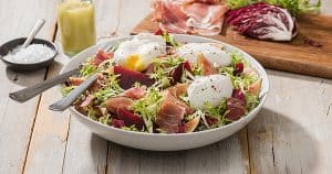 Fig, Beet and Smoked Prosciutto Salad with Poached Eggs