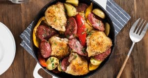 Oven-Braised Chicken Thighs with Salami, Peppers and Baby Potatoes